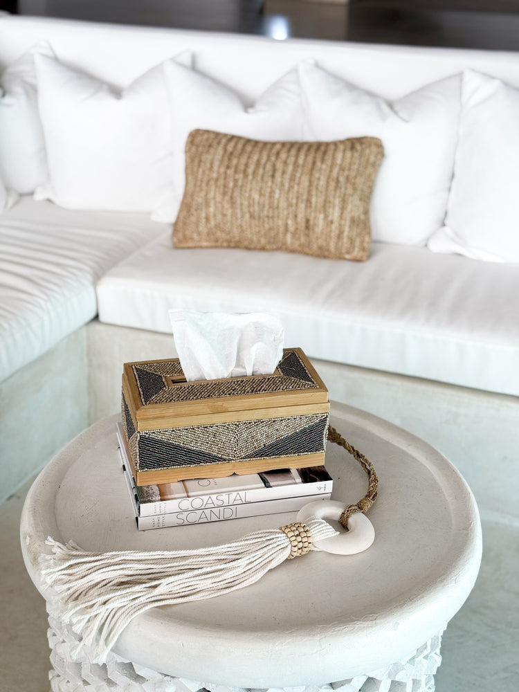 Coastal Luxe Beaded Tissue Box | Natural & Silver