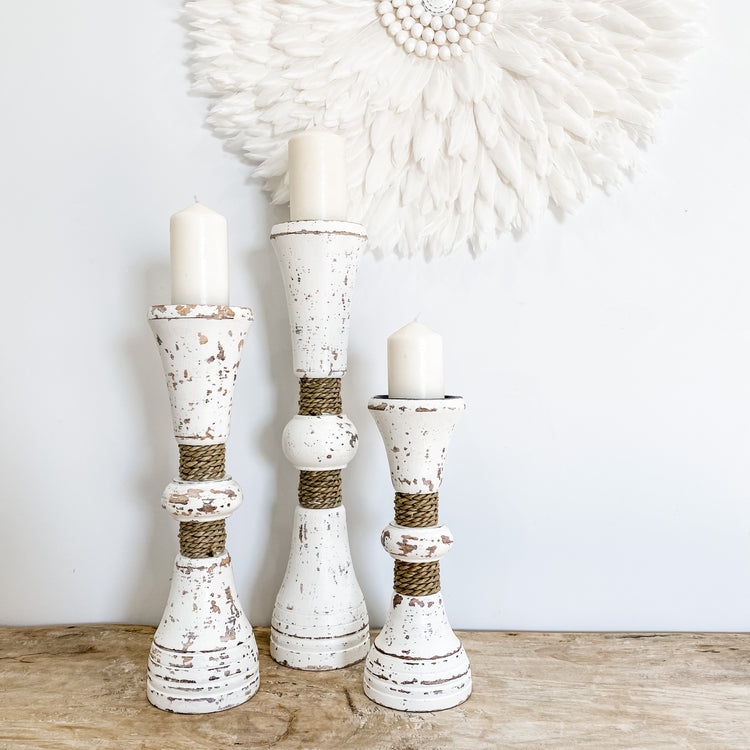 Rustic Whitewash Seafoam Rope Candle Holders