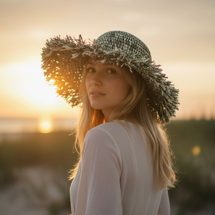 Isla Frayed Raffia Sun Hat – Sage Green