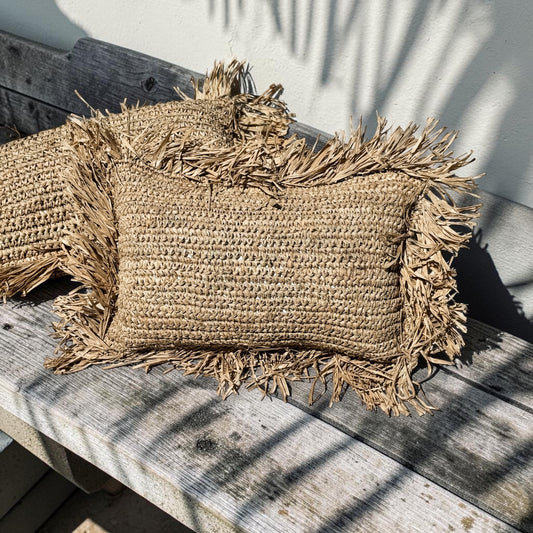 Bora Bora Raffia Cushion Cover | Natural with Fringe | 30x50cm