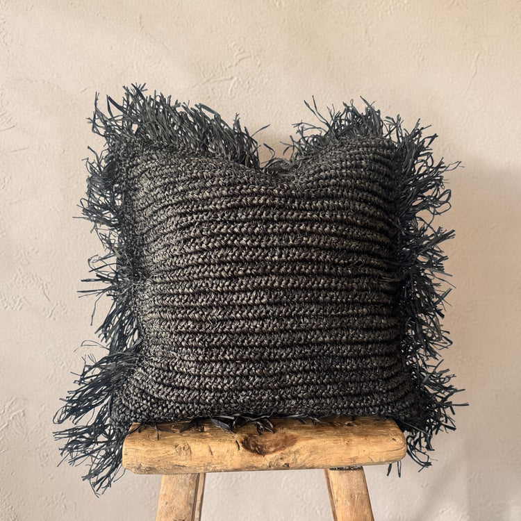 Bora Bora Raffia Cushion Cover | Black with Fringe | 50x50cm