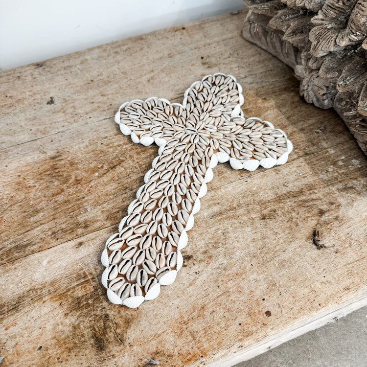 Cowrie Shell Cross Wall Hanging – Coastal Handmade Décor