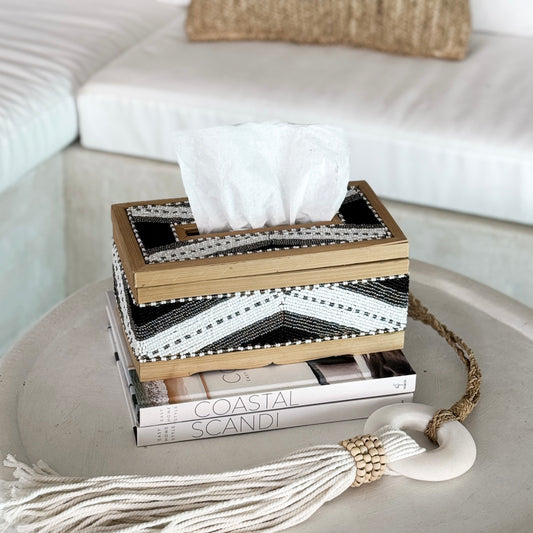 Coastal Luxe Beaded Tissue Box | White, Silver & Black
