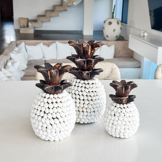 Set of 3 Coastal Shell Pineapples – White Shell & Timber Decor