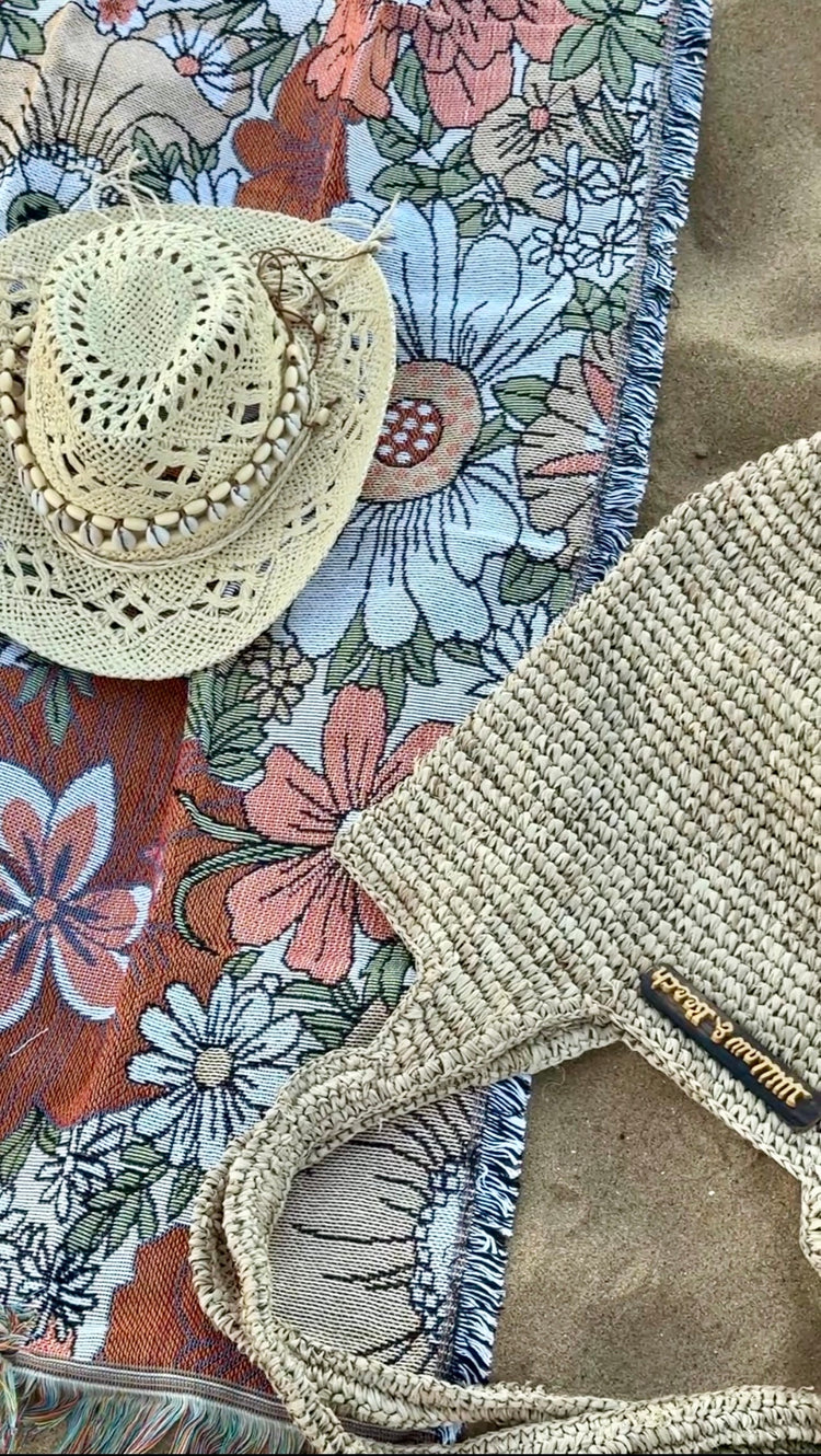 Wildflower Woven Picnic Rug | Bohemian Floral Throw 160 x 130cm