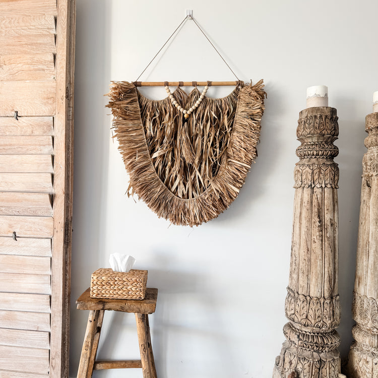 Soleil Beaded Raffia Wall Hanging | Natural Fringe Wall Art | 85x80cm