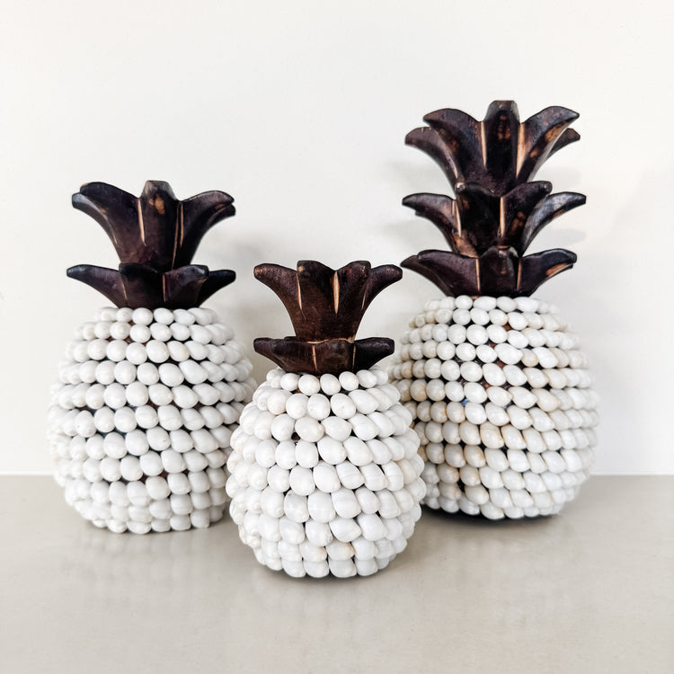 Set of 3 Coastal Shell Pineapples – White Shell & Timber Decor