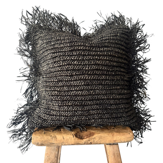 Bora Bora Raffia Cushion Cover | Black with Fringe | 50x50cm