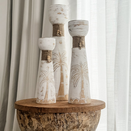 Coastal Palm Candle Holders with Jute – Set of 3