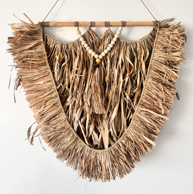 Soleil Beaded Raffia Wall Hanging | Natural Fringe Wall Art | 85x80cm