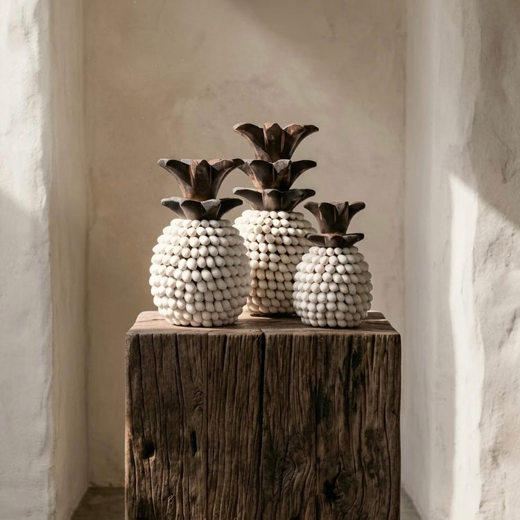 Set of 3 Coastal Shell Pineapples – White Shell & Timber Decor
