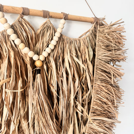 Soleil Beaded Raffia Wall Hanging | Natural Fringe Wall Art | 85x80cm