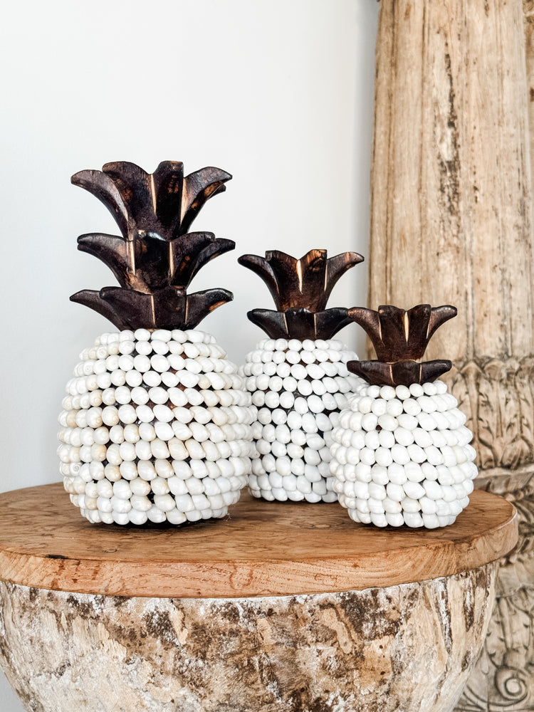 Set of 3 Coastal Shell Pineapples – White Shell & Timber Decor