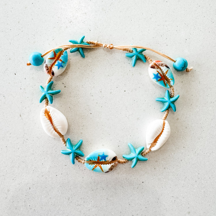Turquoise Starfish & Cowrie Anklet Bracelet | Willow & the Waves Collection