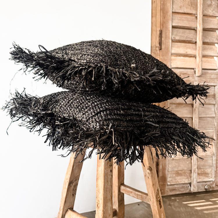 Bora Bora Raffia Cushion Cover | Black with Fringe | 50x50cm