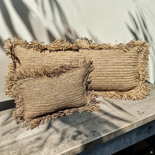 Bora Bora Raffia Cushion Cover | Natural with Fringe | 100x40cm