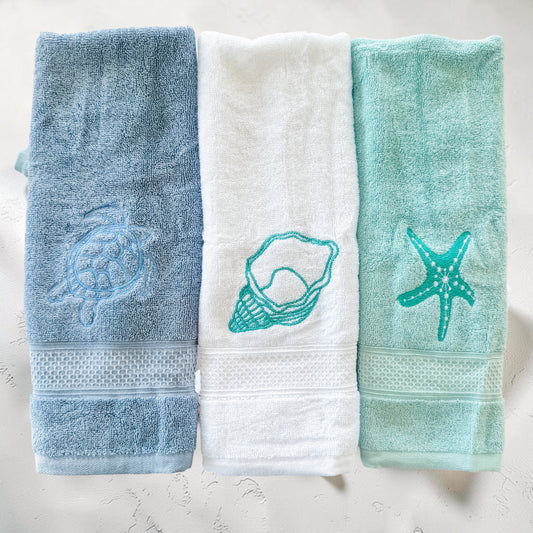 Coastal Shores Embroidered Hand Towel Set – Set of 3