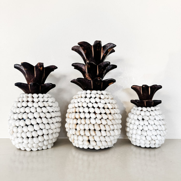 Set of 3 Coastal Shell Pineapples – White Shell & Timber Decor