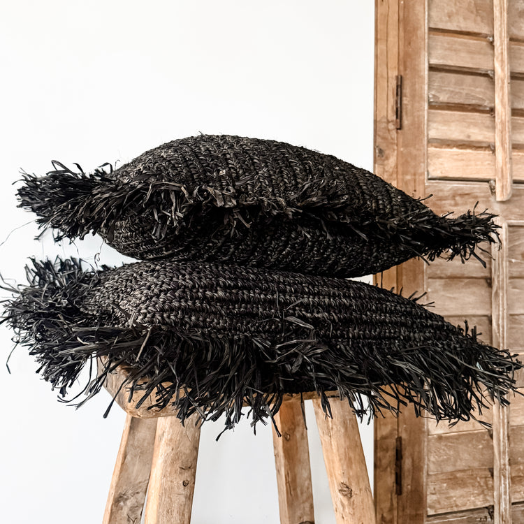 Bora Bora Raffia Cushion Cover | Black with Fringe | 50x50cm