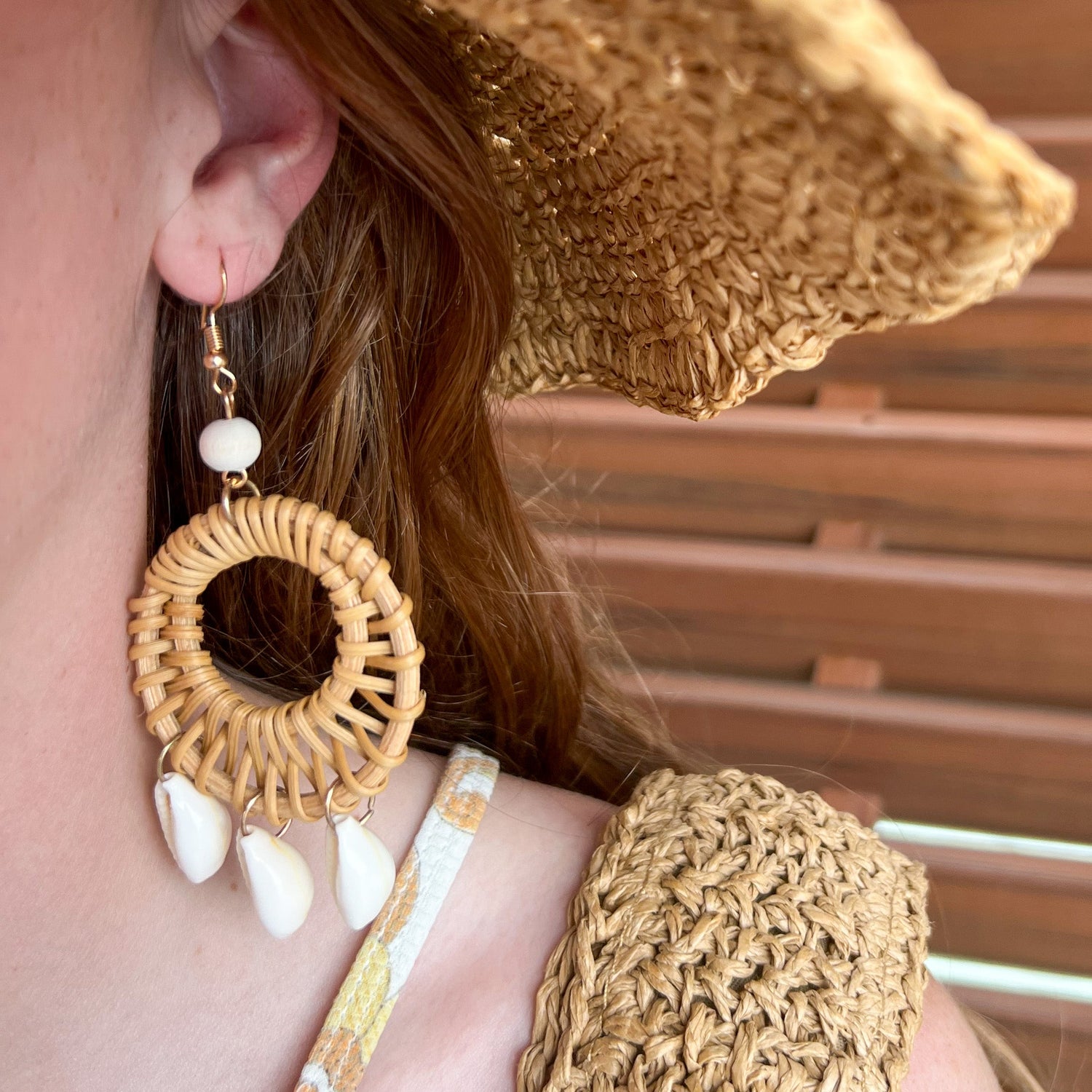 Rattan Cowrie Shell Earrings Natural Willow the Waves