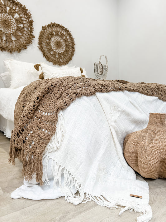 Brown Maria Crochet Throw Bed Runner Coastal Decor