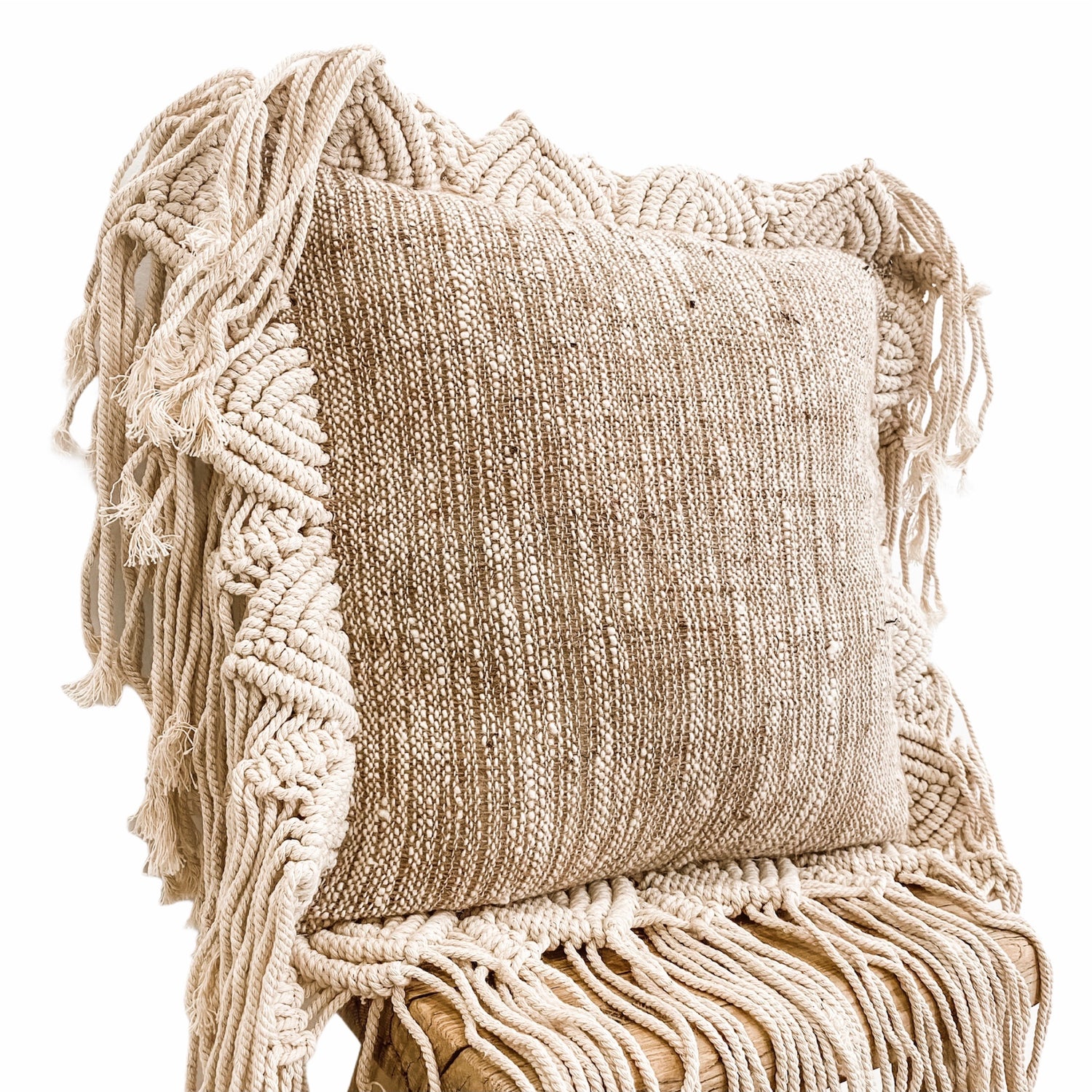 Square Summer Breeze Cushion featuring cotton and jute base and macrame fringe