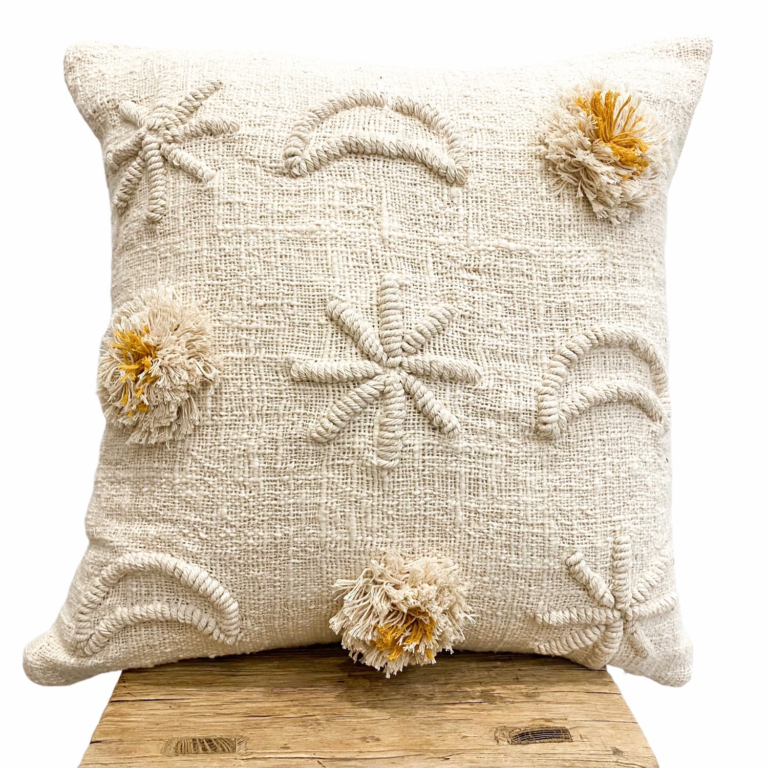 Slub Cotton Solstice Cushion featuring soft embroidery