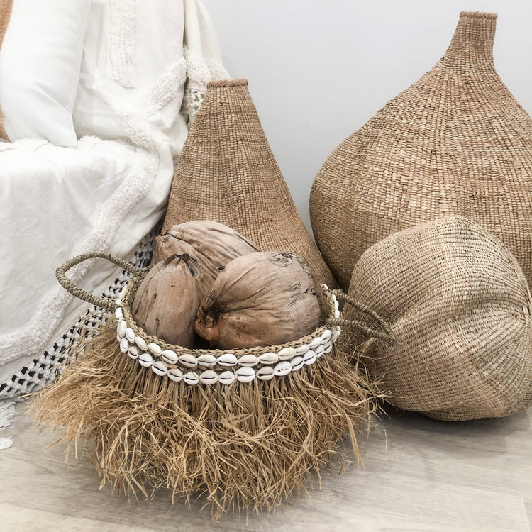 Cowrie Bora Bora Raffia Baskets Coastal Decor