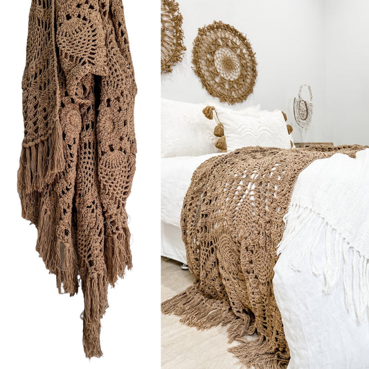 Brown Maria Crochet Throw Bed Runner
