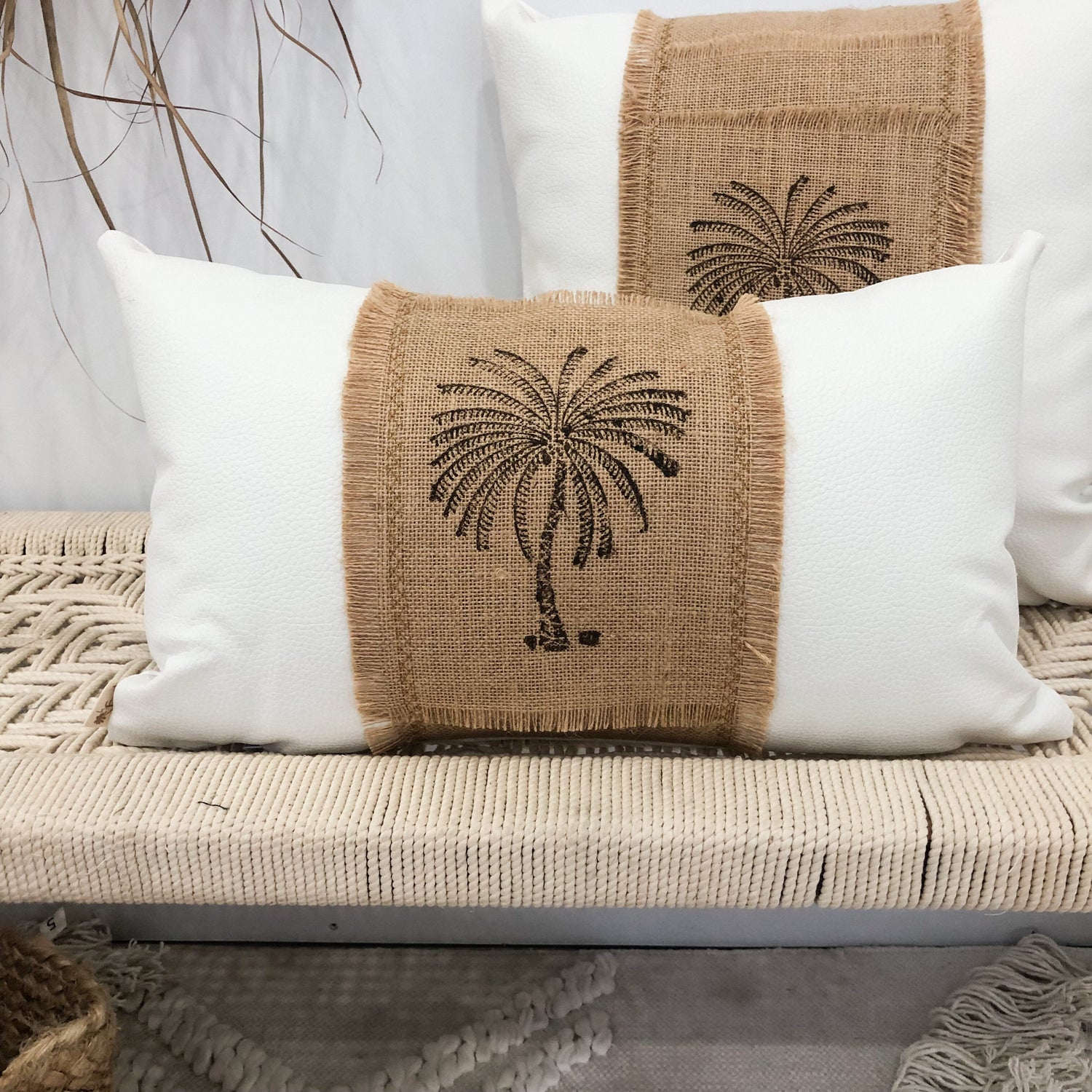 Palm Cushion featuring hand stamped palm on jute