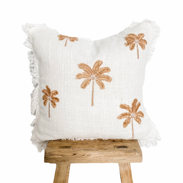 Saffron Palms Cushion featuring cotton slub and soft embroidery