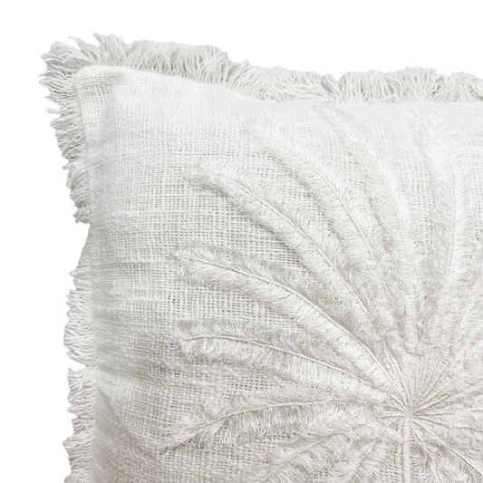 Vanilla Single Palm Cushion Cover featuring large embroidered palm