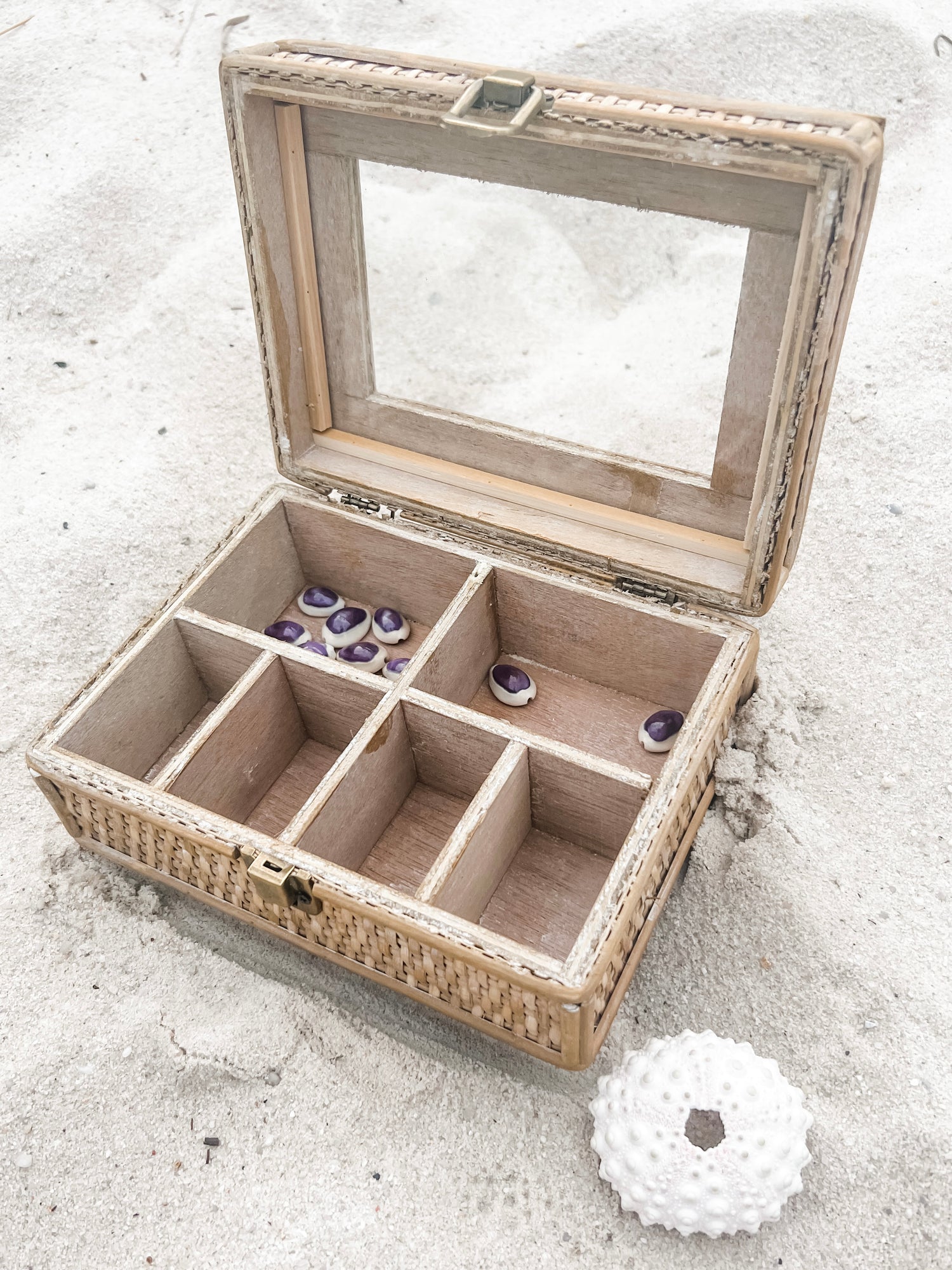 Rayna Rattan Jewellery Box featuring clear lid to view inside