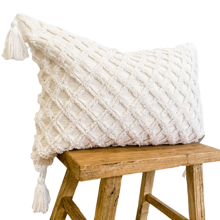 White Terran Earth Cushion Cover featuring textured front and tassels