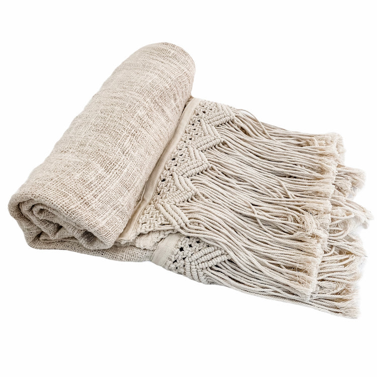 Natural Summer Breeze Throw featuring macrame fringe