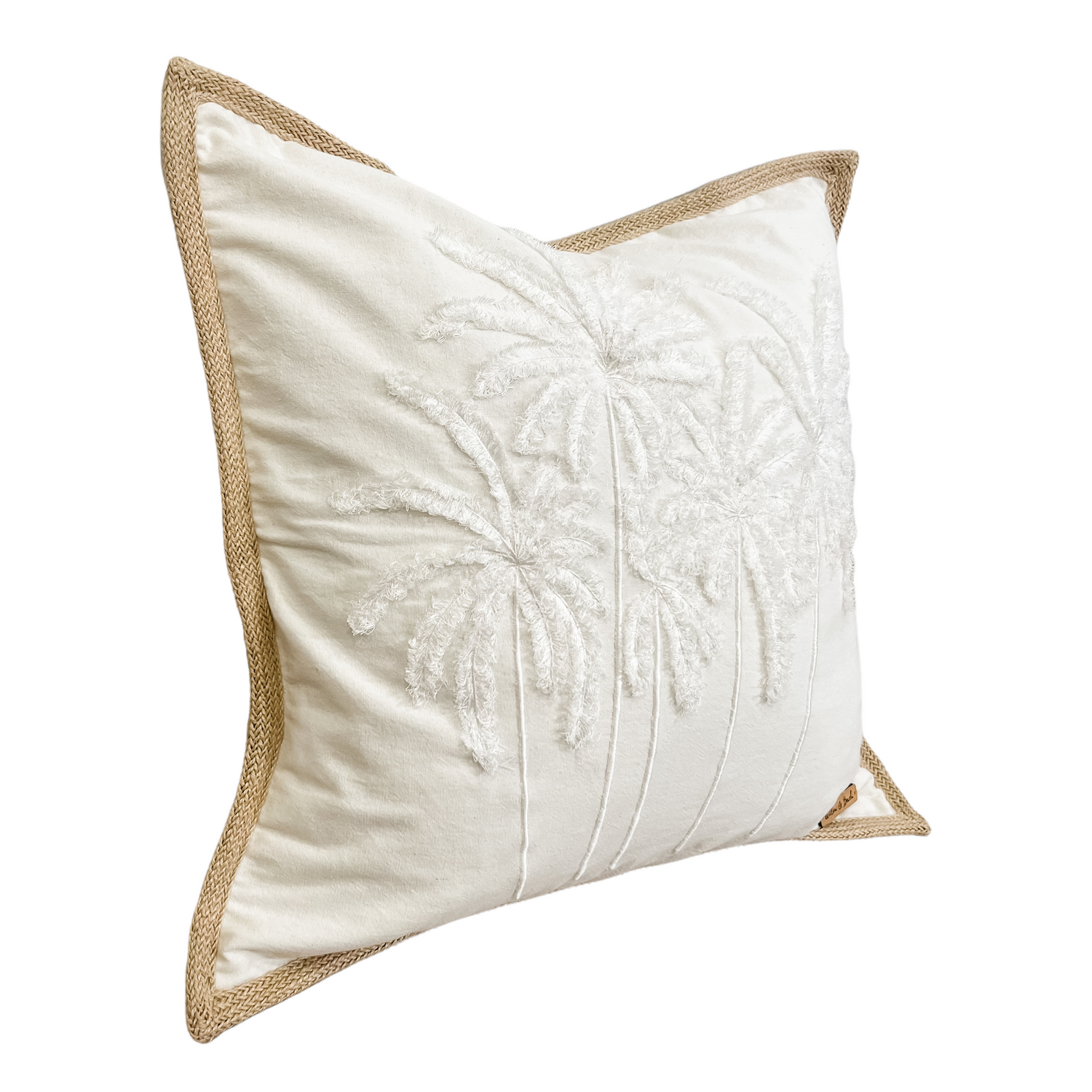 Shoreline Cushion Cover featuring palm embroidery and jute border