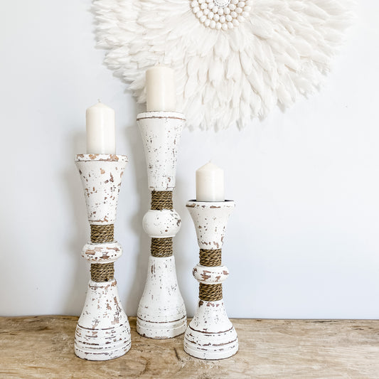Rustic Whitewash Seafoam Rope Candle Holders