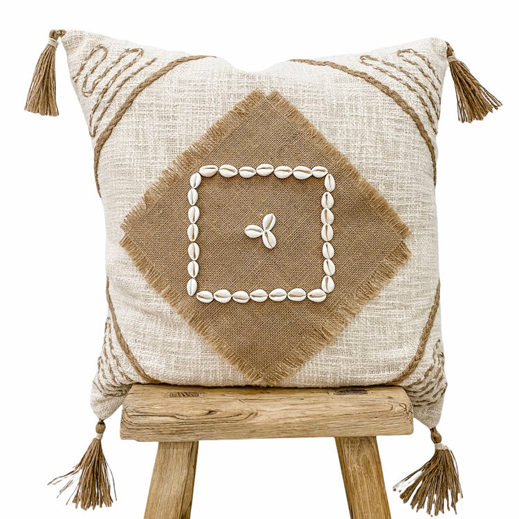 Embroidered Isle Cushion Cover featuring cowrie shells