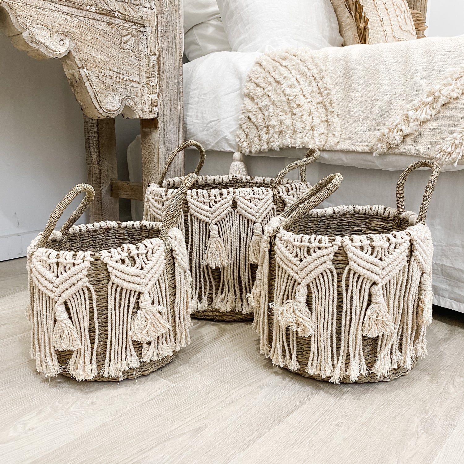 Summer Breeze Baskets handwoven with seagrass featuring macrame embellishment